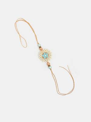  unisex set of 2 peach floral design pearl beaded bhaiya bhabi rakhi with roli chawal 3