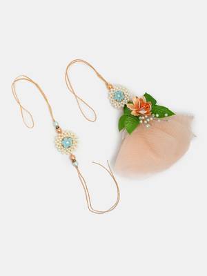 unisex set of 2 peach floral design pearl beaded bhaiya bhabi rakhi with roli chawal 4