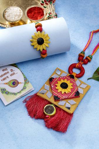  unisex set of 2 red & yellow mirror work handcrafted bhaiya bhabi rakhi with roli chawal