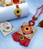 unisex set of 2 red & yellow mirror work handcrafted bhaiya bhabi rakhi with roli chawal