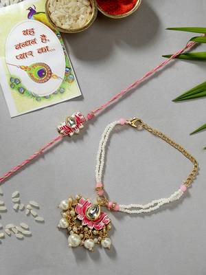 Nvr unisex set of 2 pink lotus shape kundan-studded & beaded handcrafted wraparound rakhi set with roli chawal 1
