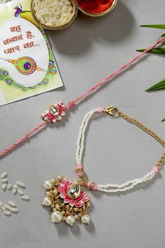 Nvr unisex set of 2 pink lotus shape kundan-studded & beaded handcrafted wraparound rakhi set with roli chawal