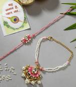 Nvr unisex set of 2 pink lotus shape kundan-studded & beaded handcrafted wraparound rakhi set with roli chawal