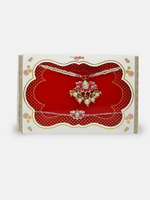 Nvr unisex set of 2 pink lotus shape kundan-studded & beaded handcrafted wraparound rakhi set with roli chawal 2