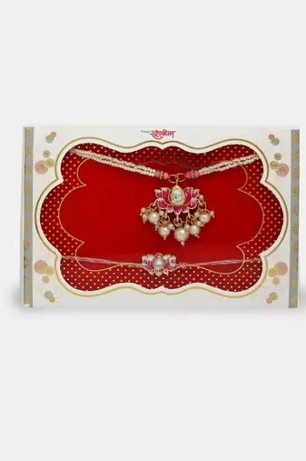 Nvr unisex set of 2 pink lotus shape kundan-studded & beaded handcrafted wraparound rakhi set with roli chawal