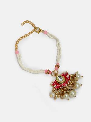 Nvr unisex set of 2 pink lotus shape kundan-studded & beaded handcrafted wraparound rakhi set with roli chawal 3