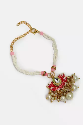 Nvr unisex set of 2 pink lotus shape kundan-studded & beaded handcrafted wraparound rakhi set with roli chawal