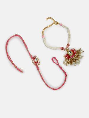 Nvr unisex set of 2 pink lotus shape kundan-studded & beaded handcrafted wraparound rakhi set with roli chawal 4