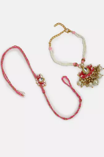 Nvr unisex set of 2 pink lotus shape kundan-studded & beaded handcrafted wraparound rakhi set with roli chawal