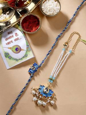 Nvr unisex set of 2 blue lotus shape kundan-studded & beaded handcrafted wraparound rakhi set with roli chawal 1