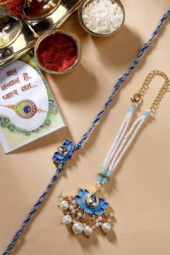 Nvr unisex set of 2 blue lotus shape kundan-studded & beaded handcrafted wraparound rakhi set with roli chawal
