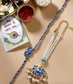 Nvr unisex set of 2 blue lotus shape kundan-studded & beaded handcrafted wraparound rakhi set with roli chawal