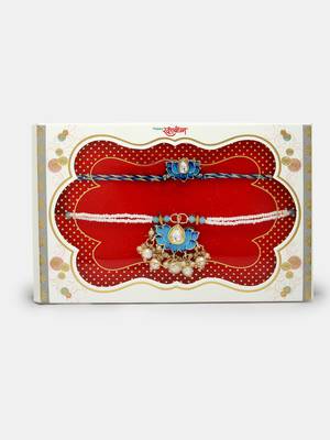 Nvr unisex set of 2 blue lotus shape kundan-studded & beaded handcrafted wraparound rakhi set with roli chawal 2
