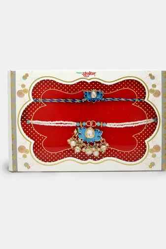 Nvr unisex set of 2 blue lotus shape kundan-studded & beaded handcrafted wraparound rakhi set with roli chawal
