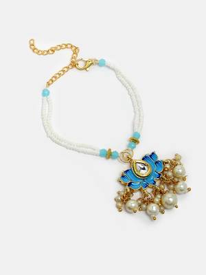 Nvr unisex set of 2 blue lotus shape kundan-studded & beaded handcrafted wraparound rakhi set with roli chawal 3