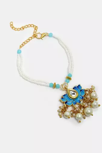 Nvr unisex set of 2 blue lotus shape kundan-studded & beaded handcrafted wraparound rakhi set with roli chawal