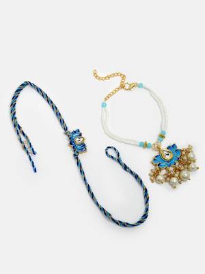 Nvr unisex set of 2 blue lotus shape kundan-studded & beaded handcrafted wraparound rakhi set with roli chawal 4
