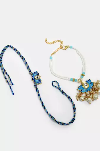Nvr unisex set of 2 blue lotus shape kundan-studded & beaded handcrafted wraparound rakhi set with roli chawal