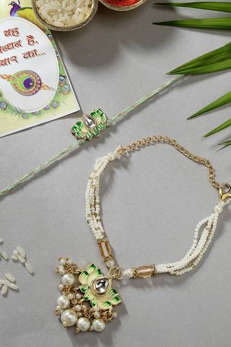 Nvr unisex set of 2 green lotus shape kundan-studded & beaded handcrafted wraparound rakhi set with roli chawal