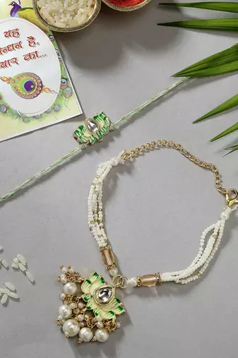 Nvr unisex set of 2 green lotus shape kundan-studded & beaded handcrafted wraparound rakhi set with roli chawal