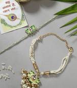 Nvr unisex set of 2 green lotus shape kundan-studded & beaded handcrafted wraparound rakhi set with roli chawal