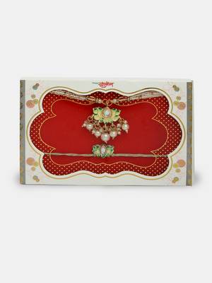 Nvr unisex set of 2 green lotus shape kundan-studded & beaded handcrafted wraparound rakhi set with roli chawal 2
