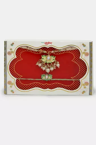Nvr unisex set of 2 green lotus shape kundan-studded & beaded handcrafted wraparound rakhi set with roli chawal