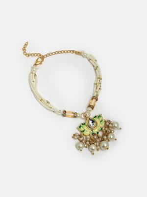 Nvr unisex set of 2 green lotus shape kundan-studded & beaded handcrafted wraparound rakhi set with roli chawal 3