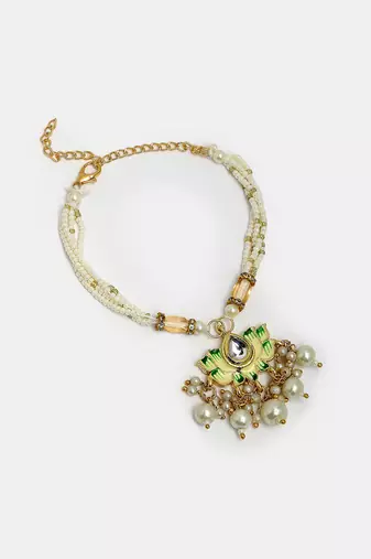 Nvr unisex set of 2 green lotus shape kundan-studded & beaded handcrafted wraparound rakhi set with roli chawal
