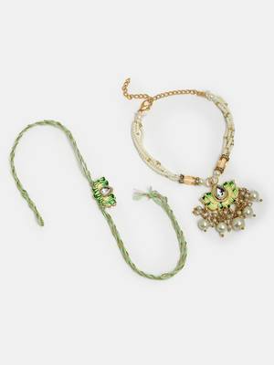 Nvr unisex set of 2 green lotus shape kundan-studded & beaded handcrafted wraparound rakhi set with roli chawal 4