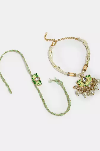 Nvr unisex set of 2 green lotus shape kundan-studded & beaded handcrafted wraparound rakhi set with roli chawal