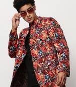 Men's Mandarin Collar Printed Coral Bandhgala Blazer