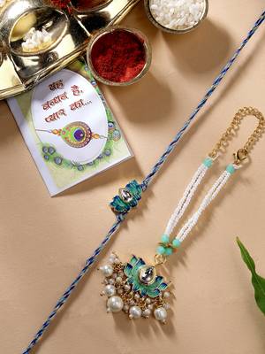 Nvr unisex set of 2 turquoise blue lotus shape kundan-studded & beaded handcrafted wraparound rakhi set with roli chawal 1