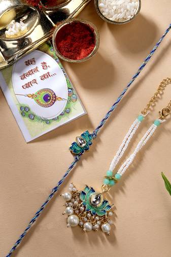 Nvr unisex set of 2 turquoise blue lotus shape kundan-studded & beaded handcrafted wraparound rakhi set with roli chawal
