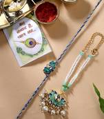 Nvr unisex set of 2 turquoise blue lotus shape kundan-studded & beaded handcrafted wraparound rakhi set with roli chawal