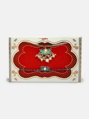 Nvr unisex set of 2 turquoise blue lotus shape kundan-studded & beaded handcrafted wraparound rakhi set with roli chawal 2