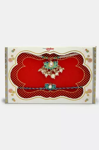 Nvr unisex set of 2 turquoise blue lotus shape kundan-studded & beaded handcrafted wraparound rakhi set with roli chawal
