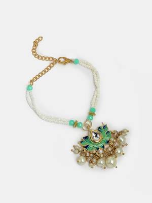 Nvr unisex set of 2 turquoise blue lotus shape kundan-studded & beaded handcrafted wraparound rakhi set with roli chawal 3