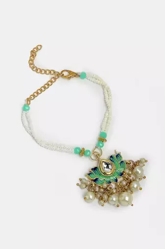 Nvr unisex set of 2 turquoise blue lotus shape kundan-studded & beaded handcrafted wraparound rakhi set with roli chawal