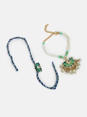 Nvr unisex set of 2 turquoise blue lotus shape kundan-studded & beaded handcrafted wraparound rakhi set with roli chawal 4