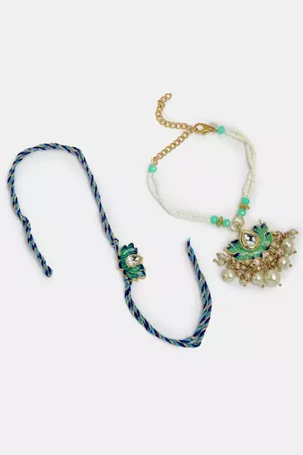 Nvr unisex set of 2 turquoise blue lotus shape kundan-studded & beaded handcrafted wraparound rakhi set with roli chawal