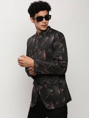 Men's Mandarin Collar Printed Black Bandhgala Blazer 1