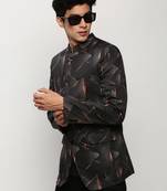 Men's Mandarin Collar Printed Black Bandhgala Blazer