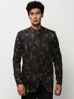 Men's Mandarin Collar Printed Black Bandhgala Blazer 2