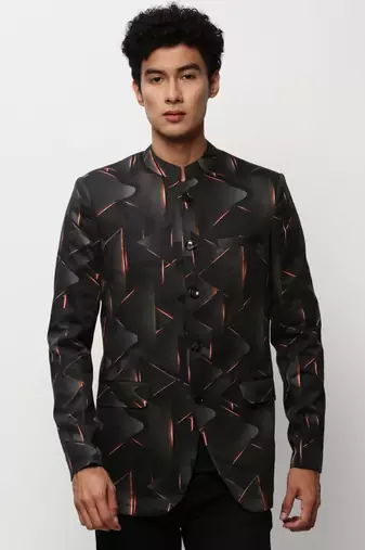 Men's Mandarin Collar Printed Black Bandhgala Blazer