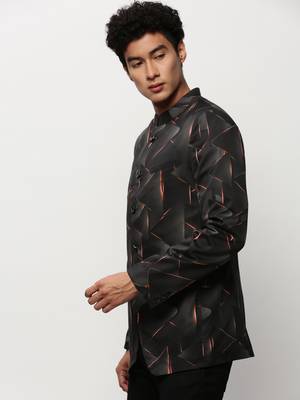 Men's Mandarin Collar Printed Black Bandhgala Blazer 3