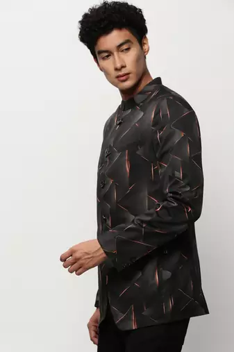 Men's Mandarin Collar Printed Black Bandhgala Blazer