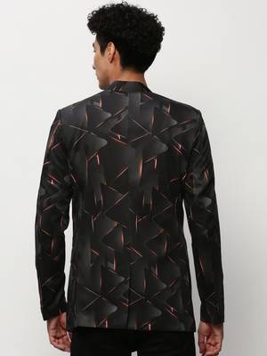 Men's Mandarin Collar Printed Black Bandhgala Blazer 4