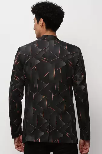 Men's Mandarin Collar Printed Black Bandhgala Blazer