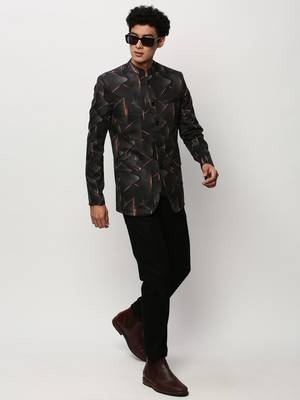 Men's Mandarin Collar Printed Black Bandhgala Blazer 5